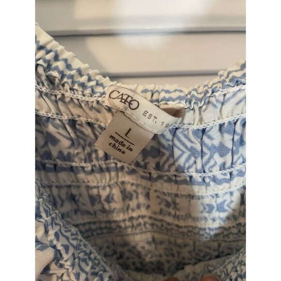 Cato Stretch Off the Shoulder Blue and White Womens Top with Circle Fringe Sz L - Picture 2 of 7